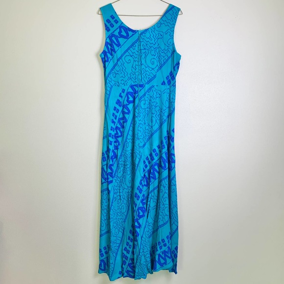 VTG 80s 90s Karin Stevens 100% rayon blue teal abstract stripe maxi dress Size 8 - Picture 10 of 11